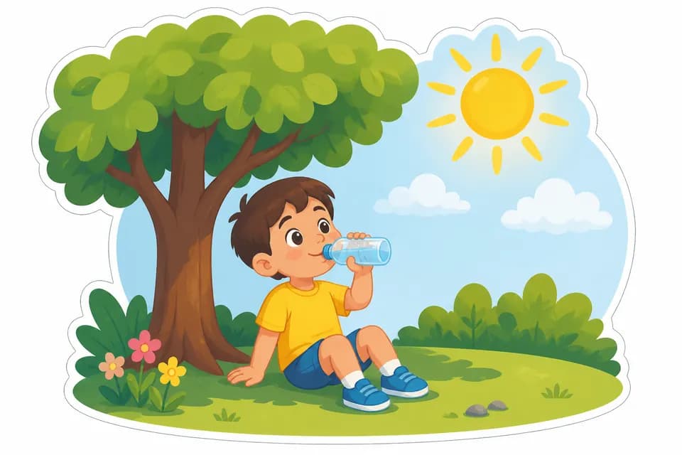 Little Climate Hero resting in tree shade and drinking water on a sunny day